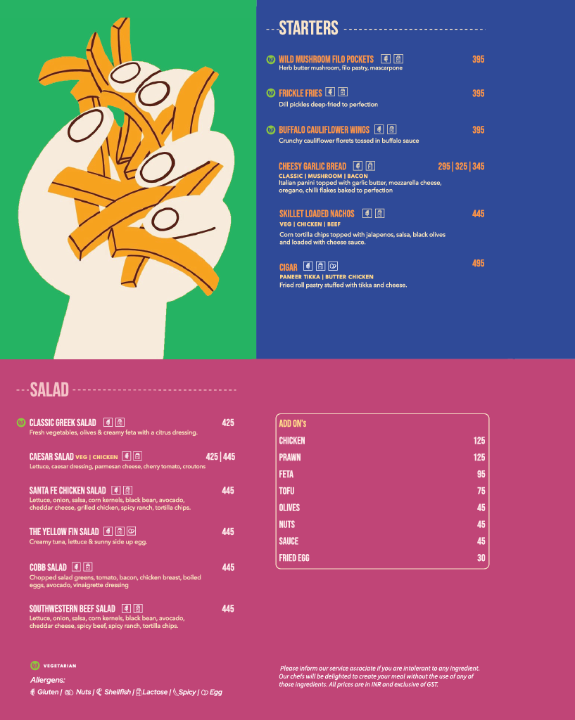 Double Roti Anna Nagar menu, page 2: Starters — Wild Mushroom Filo Pockets, Frickle Fries, Buffalo Cauliflower Wings, Cheesy Garlic Bread, Skillet Loaded Nachos, Cigar — and Salads — Classic Greek, Caesar, Santa Fe Chicken, The Yellow Fin, Cobb, Southwestern Beef