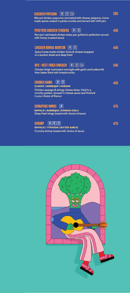 Double Roti Anna Nagar menu, page 3: Starters continued — Chicken Popcorn, Peri Peri Chicken Tenders, Chicken Birria Wonton, BFC Best Fried Chicken, Crunch Dawg, Signature Wings, Shrimp