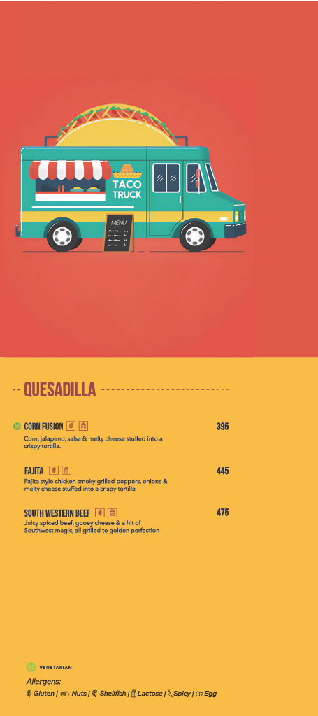 Double Roti Anna Nagar menu, page 4: Quesadillas — Corn Fusion, Fajita, South Western Beef