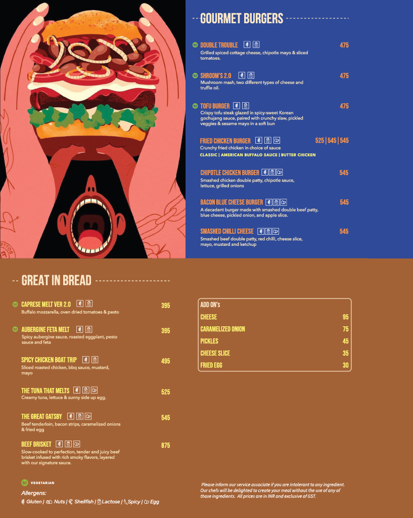Double Roti Anna Nagar menu, page 6: Gourmet Burgers — Double Trouble, Shroom's 2.0, Tofu Burger, Fried Chicken Burger, Chipotle Chicken, Bacon Blue Cheese, Smashed Chilli Cheese; Great in Bread — Caprese Melt, Aubergine Feta Melt, Spicy Chicken Boat Trip, The Tuna That Melts, The Great Gatsby, Beef Brisket