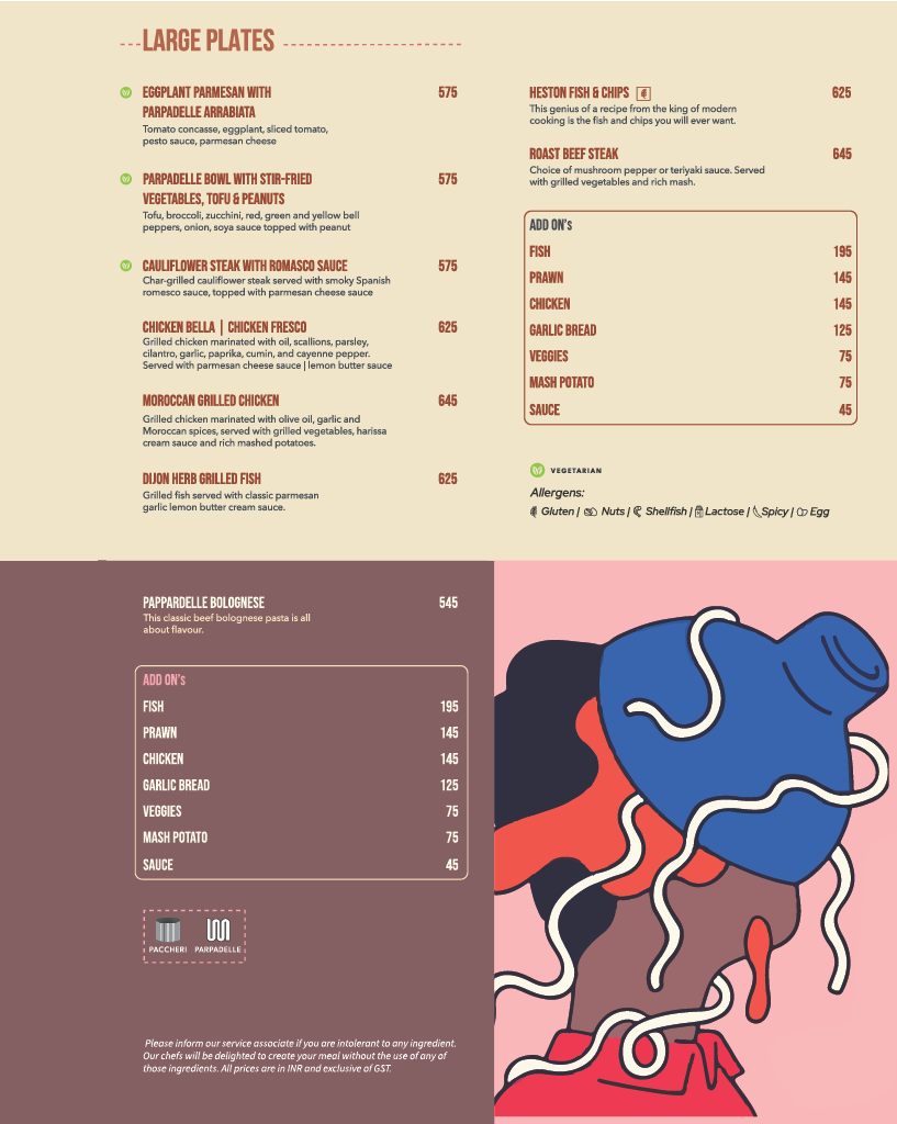 Double Roti Anna Nagar menu, page 9: Large Plates — Eggplant Parmesan, Pappardelle Bowl, Cauliflower Steak with Romesco, Chicken Bella / Chicken Fresco, Moroccan Grilled Chicken, Dijon Herb Grilled Fish, Heston Fish & Chips, Roast Beef Steak; Pappardelle Bolognese