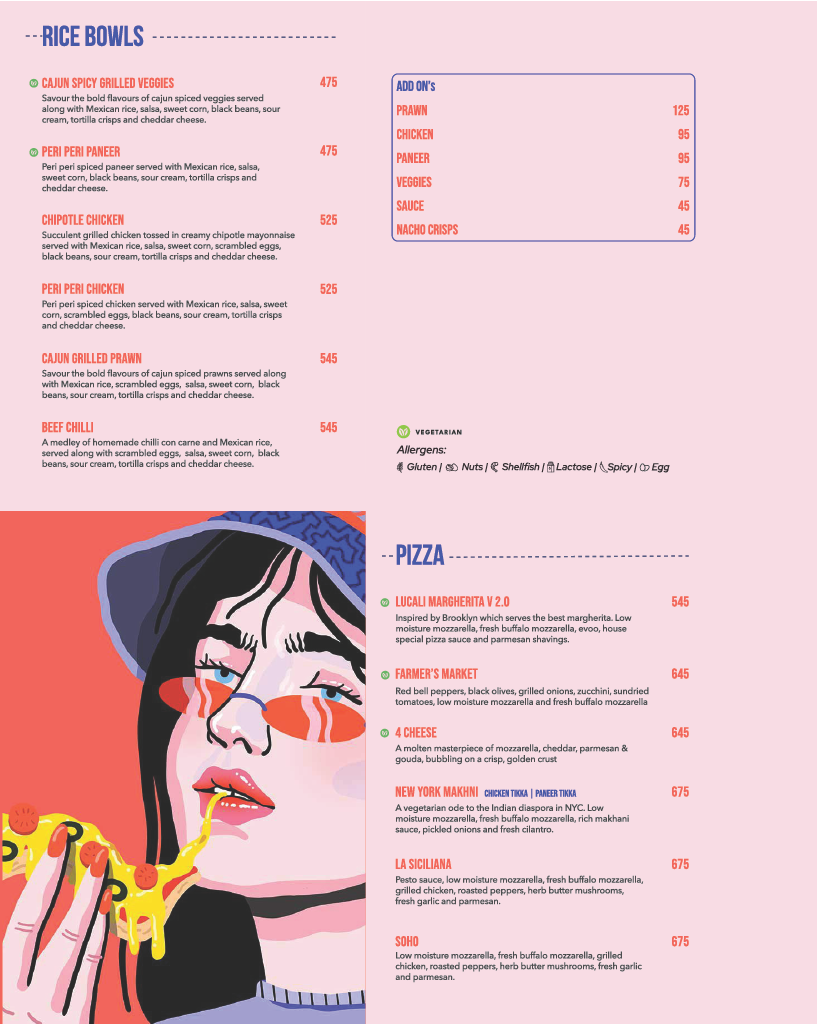 Double Roti Anna Nagar menu, page 10: Rice Bowls — Cajun Spicy Grilled Veggies, Peri Peri Paneer, Chipotle Chicken, Peri Peri Chicken, Cajun Grilled Prawn, Beef Chilli; Hand-tossed Pizza — Lucali Margherita, Farmer's Market, 4 Cheese, New York Makhni, La Siciliana, Soho