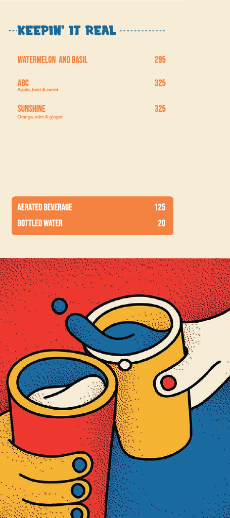 Double Roti Anna Nagar menu, page 12: Keepin' It Real fresh juices — Watermelon and Basil, ABC, Sunshine