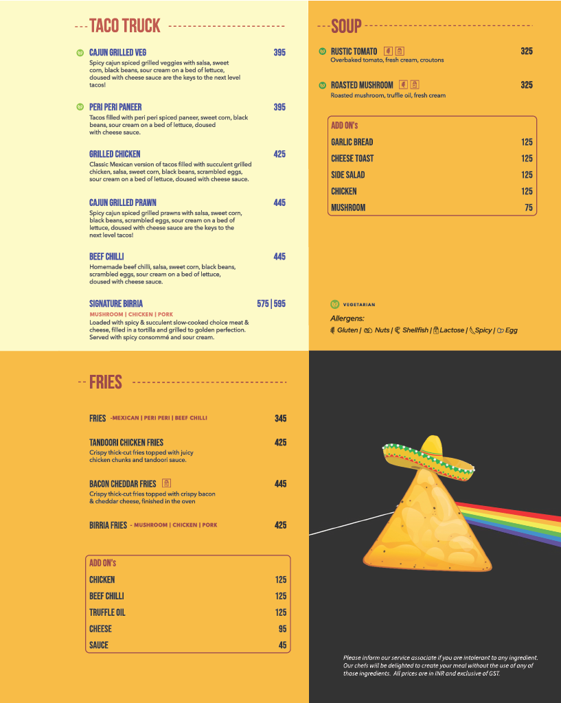 Double Roti Teynampet menu, page 5: Taco Truck — Cajun Grilled Veg, Peri Peri Paneer, Grilled Chicken, Cajun Grilled Prawn, Beef Chilli, Signature Birria; Soups — Rustic Tomato, Roasted Mushroom; Fries — Tandoori Chicken Fries, Bacon Cheddar Fries, Birria Fries