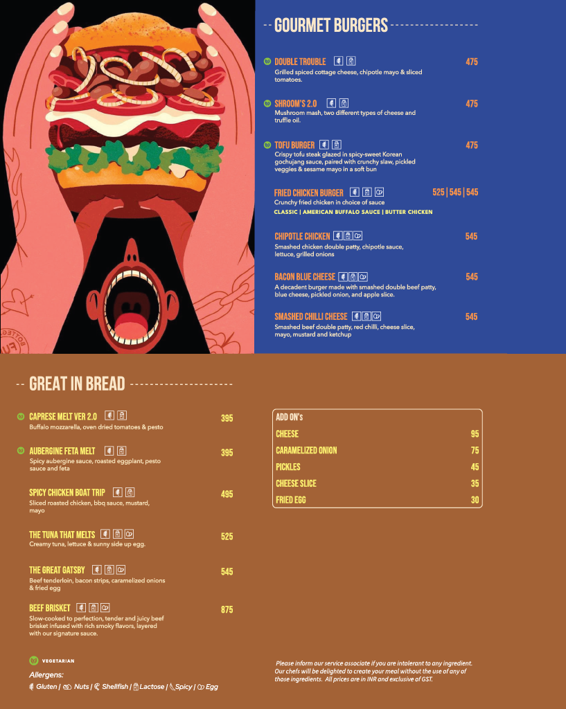 Double Roti Teynampet menu, page 6: Gourmet Burgers — Double Trouble, Shroom's 2.0, Tofu Burger, Fried Chicken Burger, Chipotle Chicken, Bacon Blue Cheese, Smashed Chilli Cheese; Great in Bread — Caprese Melt, Aubergine Feta Melt, Spicy Chicken Boat Trip, The Tuna That Melts, The Great Gatsby, Beef Brisket