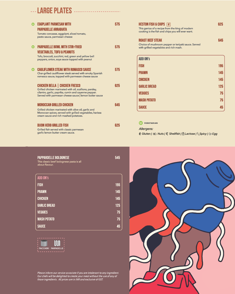 Double Roti Teynampet menu, page 9: Large Plates — Eggplant Parmesan, Pappardelle Bowl, Cauliflower Steak with Romesco, Chicken Bella / Chicken Fresco, Moroccan Grilled Chicken, Dijon Herb Grilled Fish, Heston Fish & Chips, Roast Beef Steak; Pappardelle Bolognese