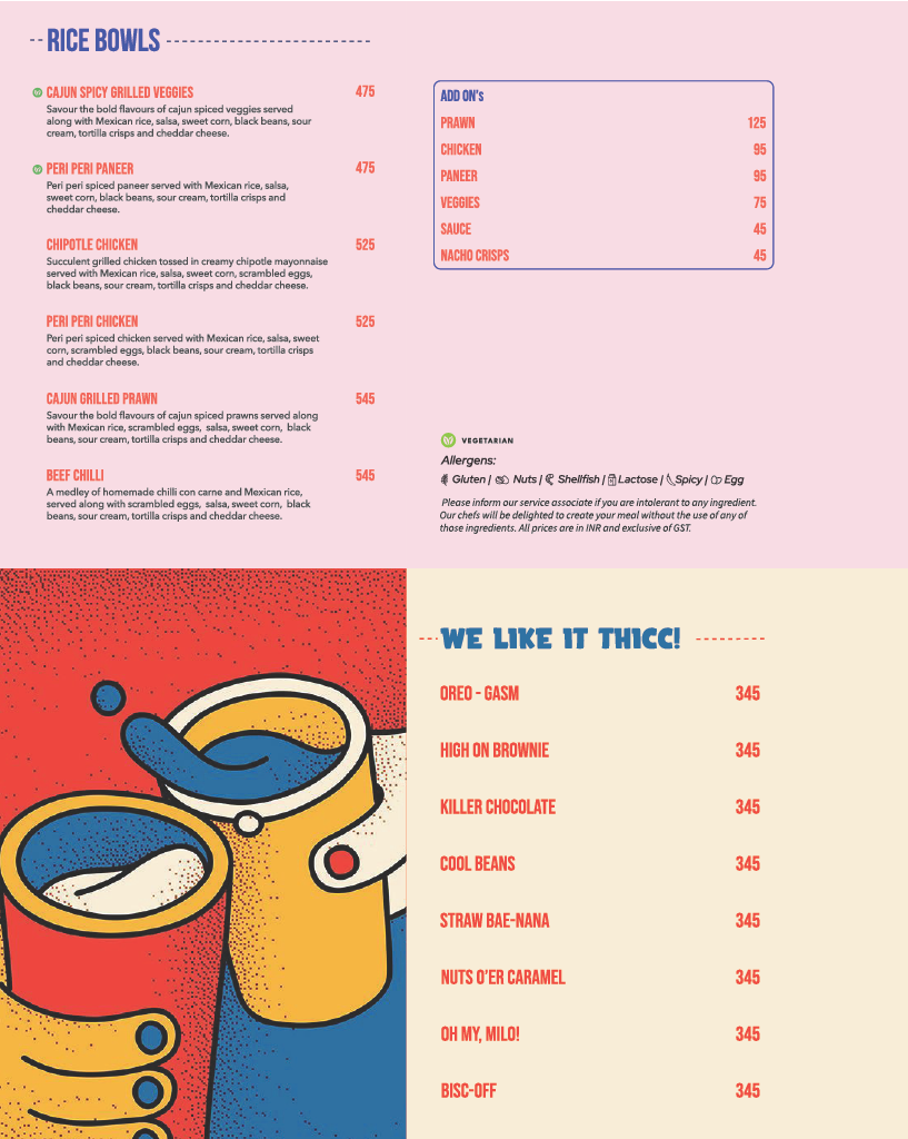 Double Roti Teynampet menu, page 10: Rice Bowls — Cajun Spicy Grilled Veggies, Peri Peri Paneer, Chipotle Chicken, Peri Peri Chicken, Cajun Grilled Prawn, Beef Chilli; We Like It Thicc shakes — Oreo-gasm, High on Brownie, Killer Chocolate, Cool Beans, Straw Bae-nana, Nuts O'er Caramel, Oh My Milo!, Bisc-off