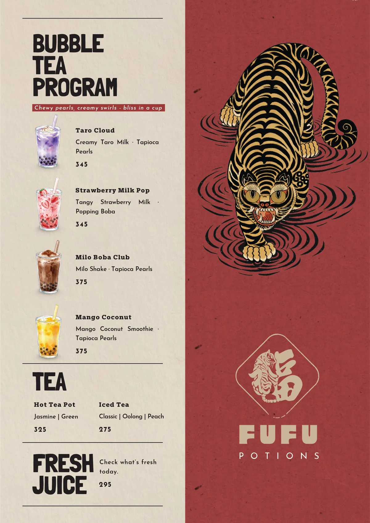 FUFU Drinks menu, page 1 of 2