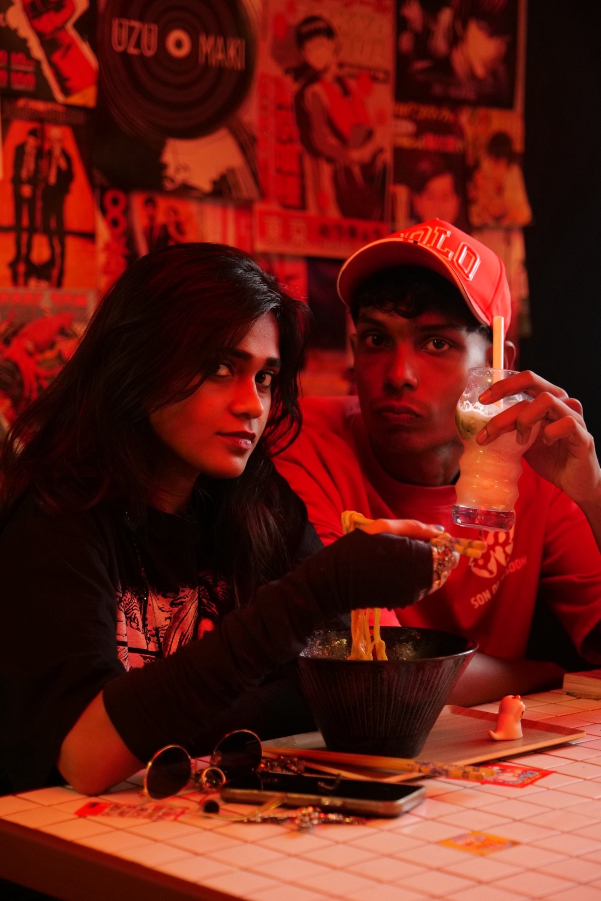Double Dashi Japanese restaurant ambience, Chennai — neon-lit izakaya interiors