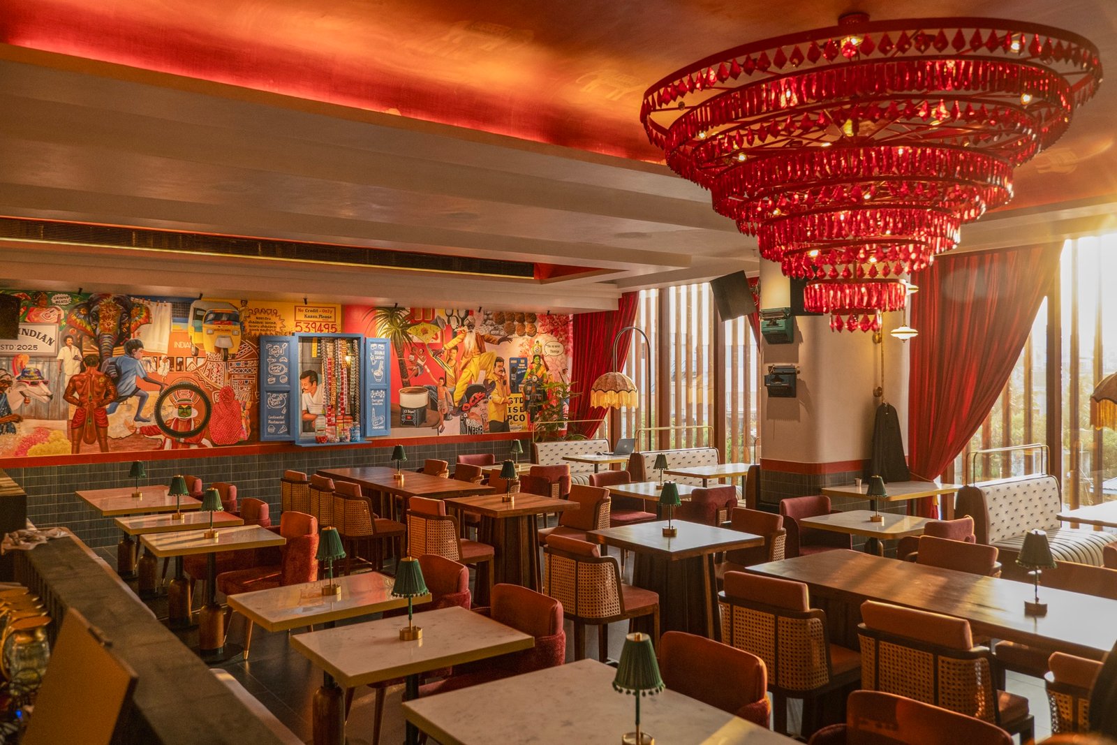 Jolly Indian restaurant interior, Alwarpet Chennai — retro Indian pop culture décor